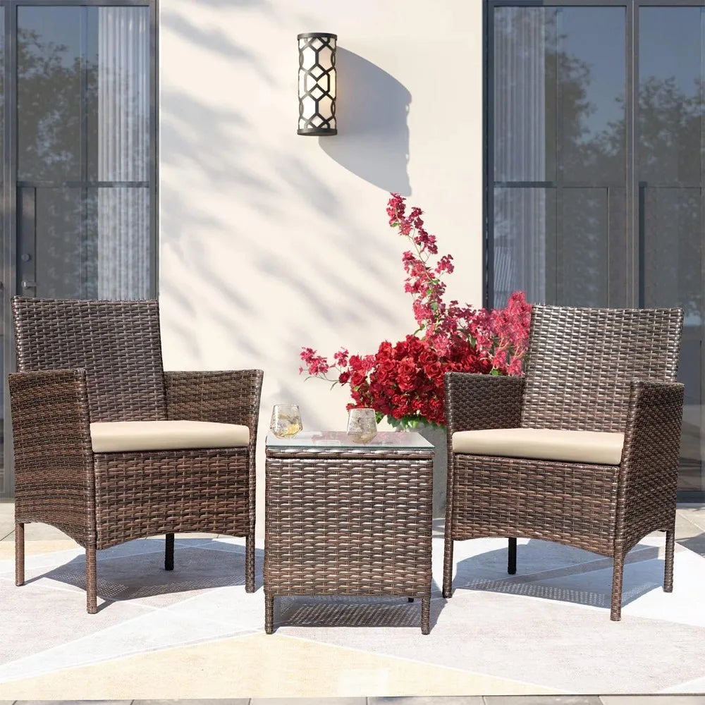 3 Piece Rattan Wicker Chair Conversation Set