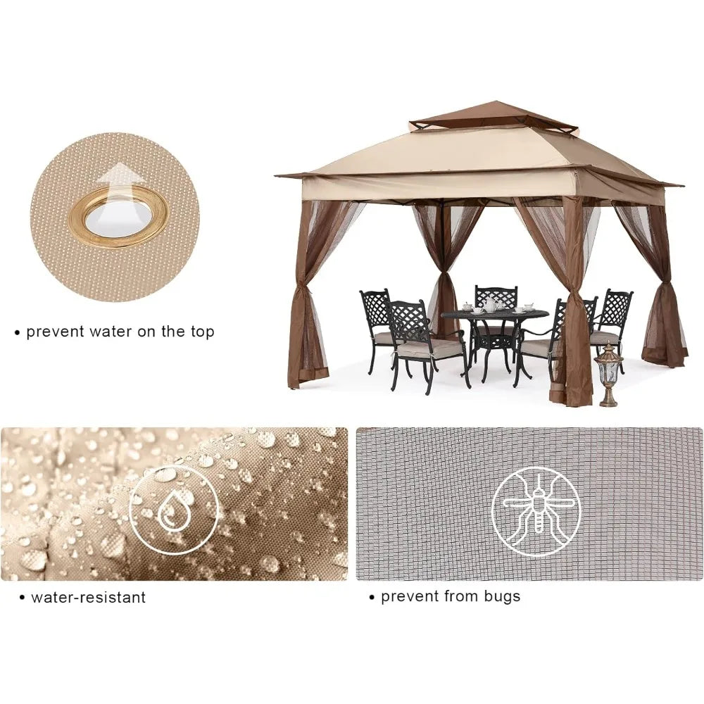 Outdoor Pop Up Patio Gazebo With Mesh Walls (Champagne Canopy Sunshade )