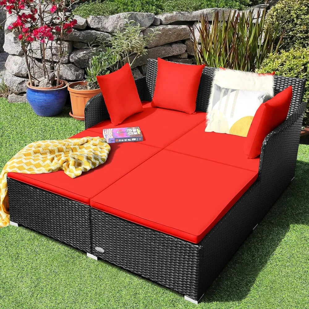 Outdoor Rattan Daybed Loveseat Patio Sofa Set with Padded Cushion Pillows