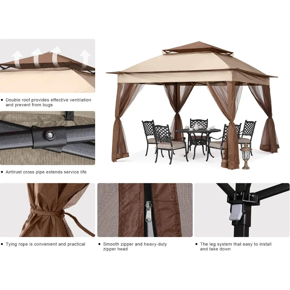 Outdoor Pop Up Patio Gazebo With Mesh Walls (Champagne Canopy Sunshade )