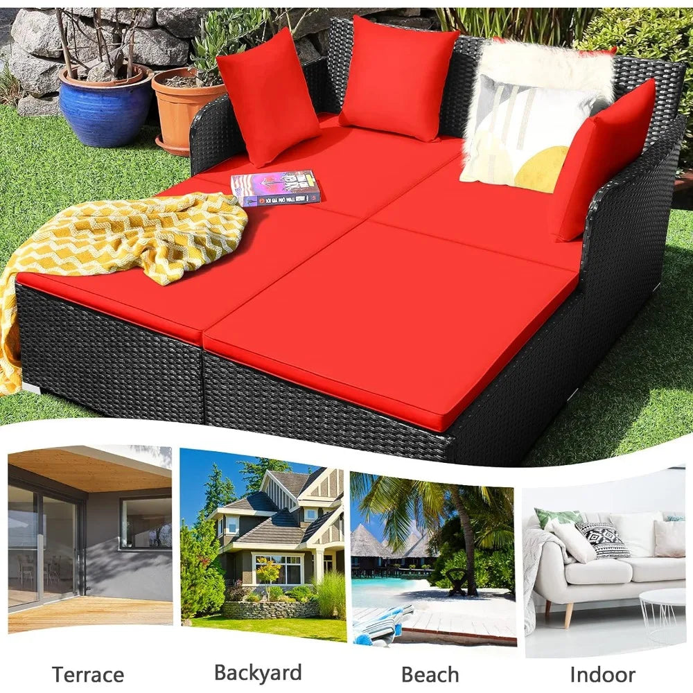 Outdoor Rattan Daybed Loveseat Patio Sofa Set with Padded Cushion Pillows