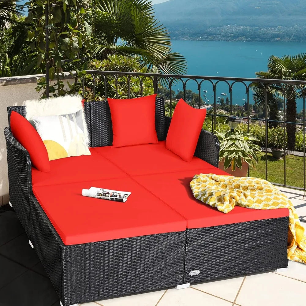 Outdoor Rattan Daybed Loveseat Patio Sofa Set with Padded Cushion Pillows